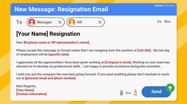 Example of a professional resignation email template showing how to write a polite resignation message to a manager and HR, including fields for job title, company name, and last day of employment.