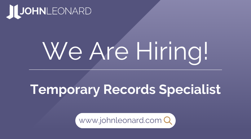 JOHNLEONARD hiring announcement graphic for Temporary Record Specialist position with company logo and website link.