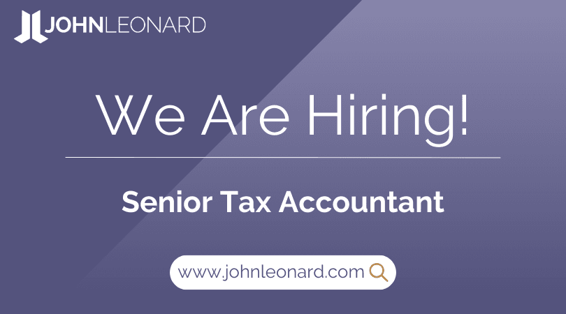 JOHNLEONARD hiring announcement graphic for Senior Tax Accountant position with company logo and website link.