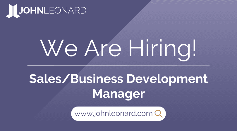 JOHNLEONARD hiring announcement graphic for a Sales/Business Development Manager position with company logo and website link.