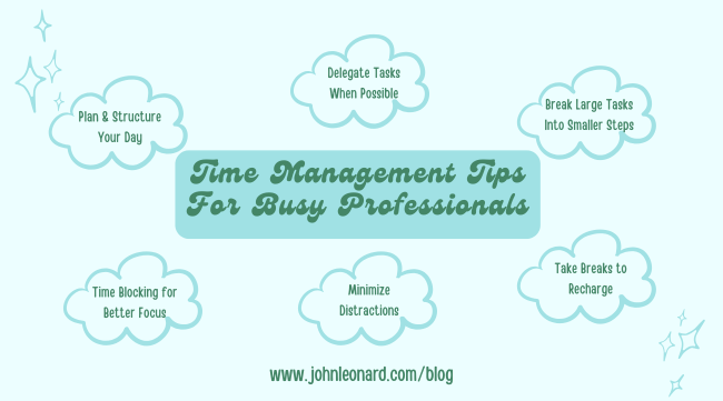 Graphic with teal cloud shapes displaying time management tips for busy professionals. Tips include: plan and structure your day, delegate tasks when possible, break large tasks into smaller steps, time blocking for better focus, minimize distractions, and take breaks to recharge. Center text reads 'Time Management Tips for Busy Professionals.' Website www.johnleonard.com/blog is listed at the bottom.