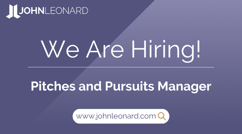 JOHNLEONARD hiring announcement graphic for a Pitches and Pursuits Manager with company logo and website link.