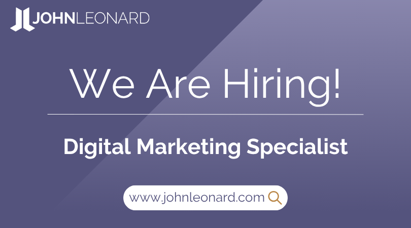 JOHNLEONARD hiring announcement graphic for a Digital Marketing Specialist with company logo and website link.