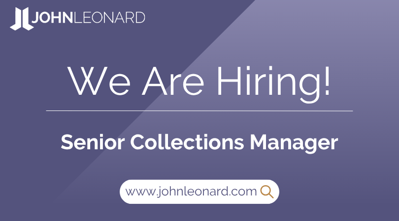 JOHNLEONARD hiring announcement graphic for a Senior Collections Manager position with company logo and website link.