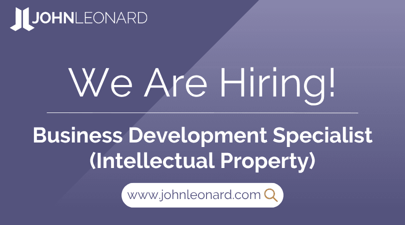 JL Job Posting – 2025-11-14T084740.020 JOHNLEONARD hiring announcement graphic for a Business Development Specialist (Intellectual Property) with company logo and website link.
