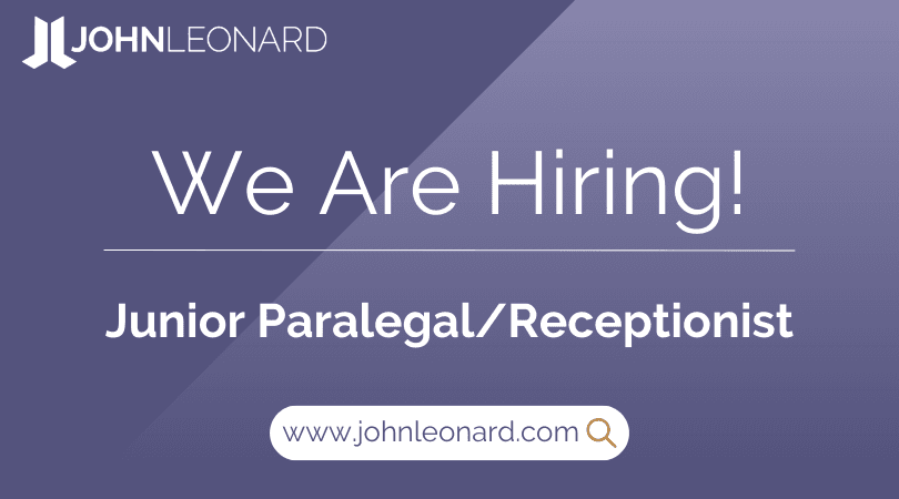 JOHNLEONARD hiring announcement graphic for a Junior Paralegal/Receptionist with company logo and website link.