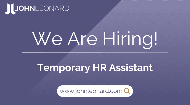 JOHNLEONARD hiring announcement graphic for a Temporary HR Assistant with company logo and website link.