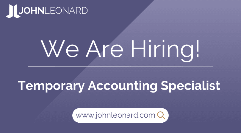 JOHNLEONARD hiring announcement graphic for a Temporary Accounting Specialist with company logo and website link.