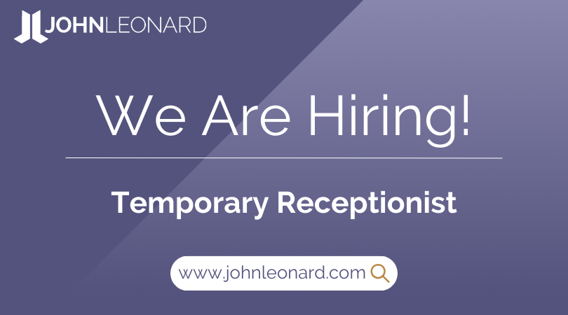 JOHNLEONARD hiring announcement graphic for a Temporary Receptionist with company logo and website link.