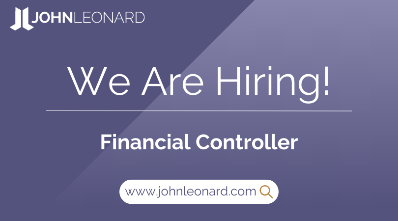 JOHNLEONARD hiring announcement graphic for a Financial Controller with company logo and website link.