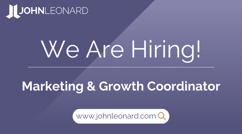 JOHNLEONARD hiring announcement graphic for a Marketing & Growth Coordinator with company logo and website link.