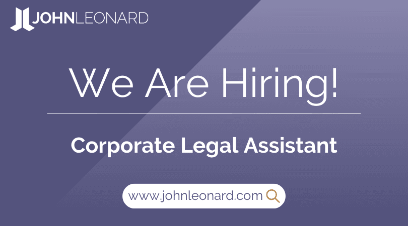 JOHNLEONARD hiring announcement graphic for a Corporate Legal Assistant with company logo and website link.