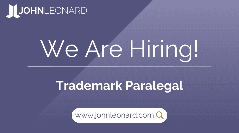 JOHNLEONARD hiring announcement graphic for a Trademark Paralegal with company logo and website link.