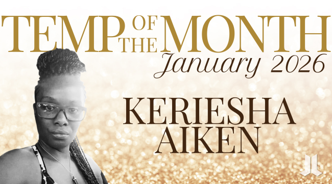 Promotional banner reading ‘Temp of the Month – January 2026’ featuring Keriesha Aiken. The image shows a black-and-white portrait of a woman wearing glasses on the left, set against a gold, sparkling background, with her name displayed prominently in large text and the JOHNLEONARD logo in the corner.