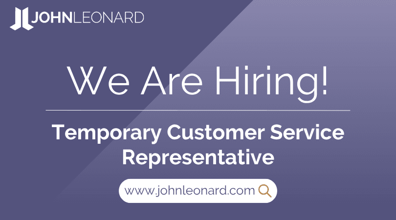 JOHNLEONARD hiring announcement graphic for a Temporary Customer Service Representative with company logo and website link.