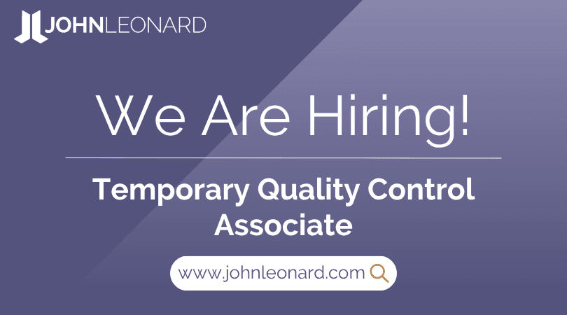 JOHNLEONARD hiring announcement graphic for a Temporary Quality Control Associate with company logo and website link.