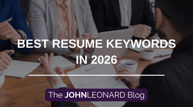 Team reviewing a resume during a meeting with overlay text “Best Resume Keywords in 2026 – The JOHNLEONARD Blog”