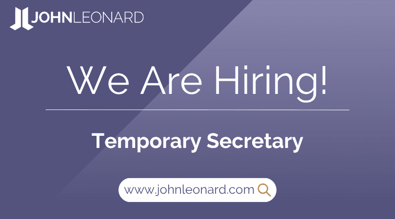 JL Job Posting (11) JOHNLEONARD hiring announcement graphic for a Temporary Secretary with company logo and website link.