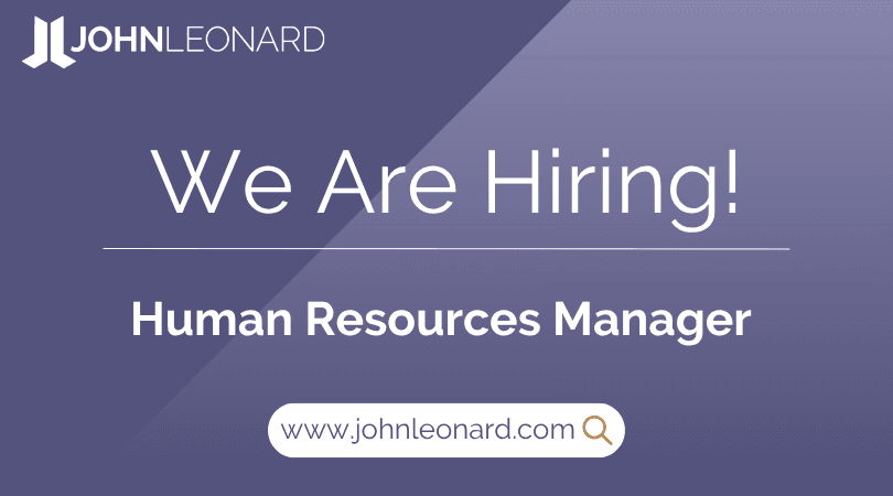 JL Job Posting (21) JOHNLEONARD hiring announcement graphic for a Human Resources Manager with company logo and website link.