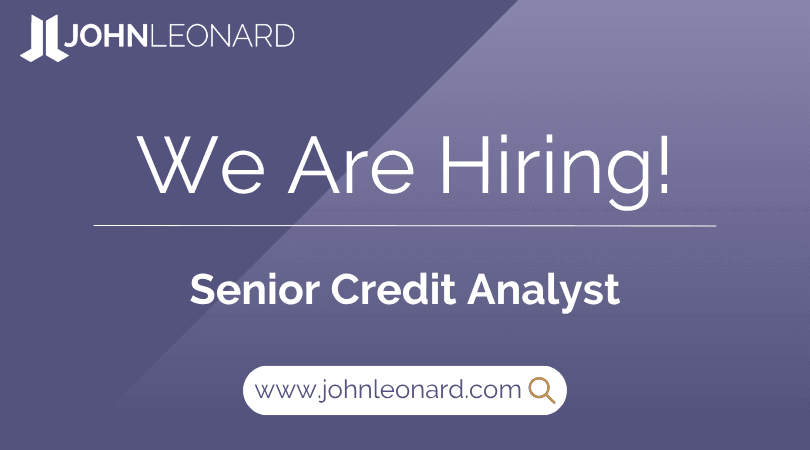 JOHNLEONARD hiring announcement graphic for a Senior Credit Analyst with company logo and website link.