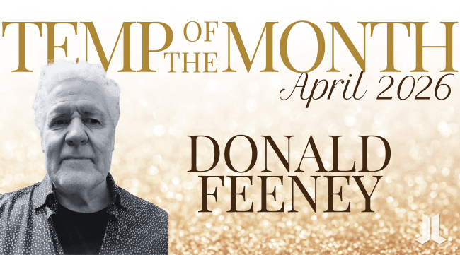 Temp of the Month April 2026 graphic featuring a black-and-white headshot of Donald Feeney on a gold glitter background with bold text displaying his name.