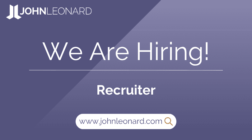 JL Job Posting (10) JOHNLEONARD hiring announcement graphic for a Recruiter with company logo and website link.