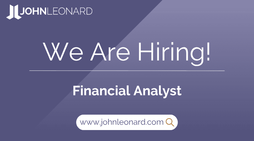 JOHNLEONARD hiring announcement graphic for a Financial Analyst with company logo and website link.