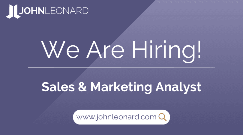 JL Job Posting (46) JOHNLEONARD hiring announcement graphic for a Sales & Marketing Analyst with company logo and website link.