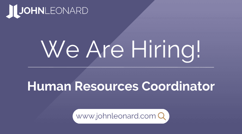 JOHNLEONARD hiring announcement graphic for a Human Resources Coordinator with company logo and website link.