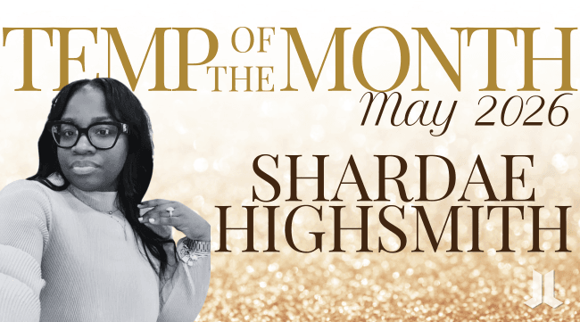 Temp of the Month May 2026 graphic featuring a black-and-white headshot of Shardae Highsmith on a gold glitter background with bold text displaying her name.