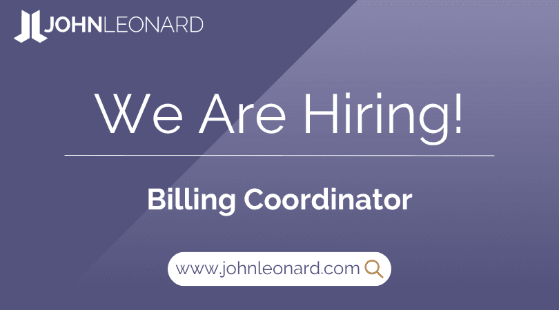 JL Job Posting (6) JOHNLEONARD hiring announcement graphic for a Billing Coordinator with company logo and website link.