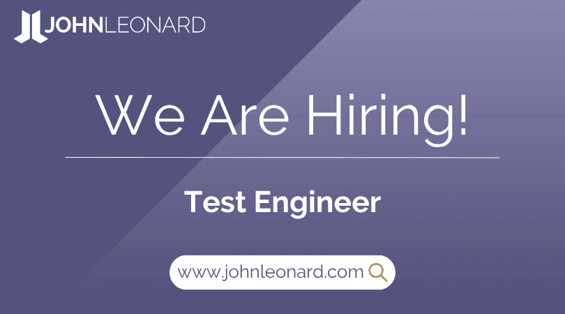 JOHNLEONARD hiring announcement graphic for a Test Engineer with company logo and website link.