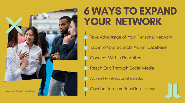 JOHNLEONARD blog graphic listing six ways to expand your network: take advantage of your personal network, tap into your school’s alumni database, connect with a recruiter, reach out through social media, attend professional events, and conduct informational interviews.