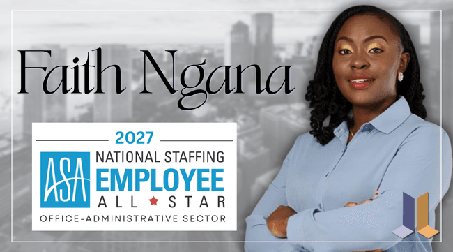 Professional headshot of Faith Ngana alongside text announcing her as a 2027 National Staffing Employee All Star.