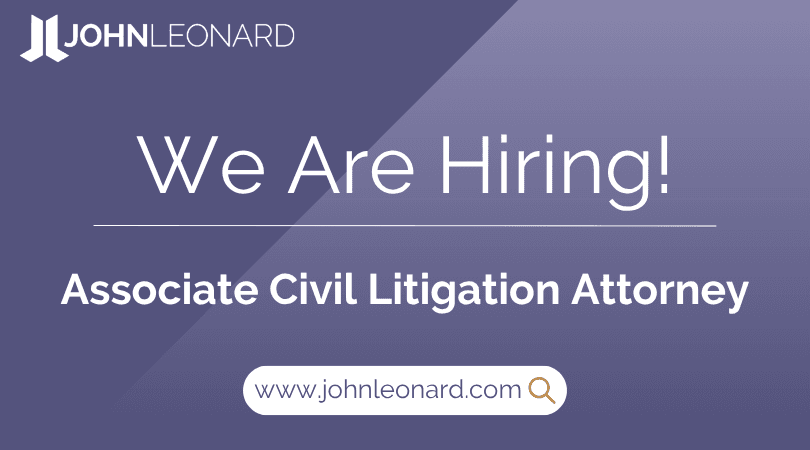 JOHNLEONARD hiring announcement graphic for an Associate Civil Litigation Attorney with company logo and website link.