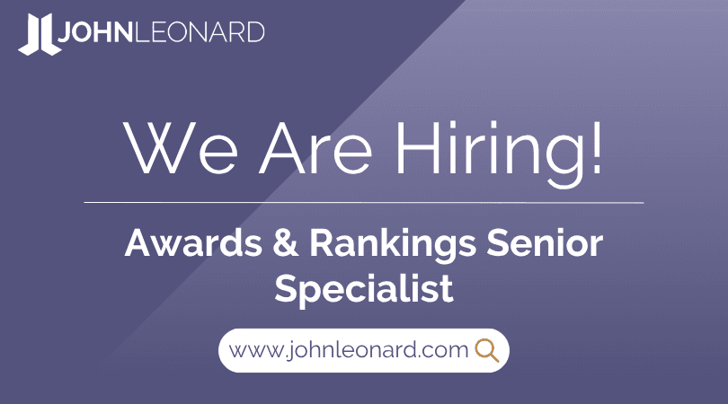 JOHNLEONARD hiring announcement graphic for an Awards & Rankings Senior Specialist with company logo and website link.