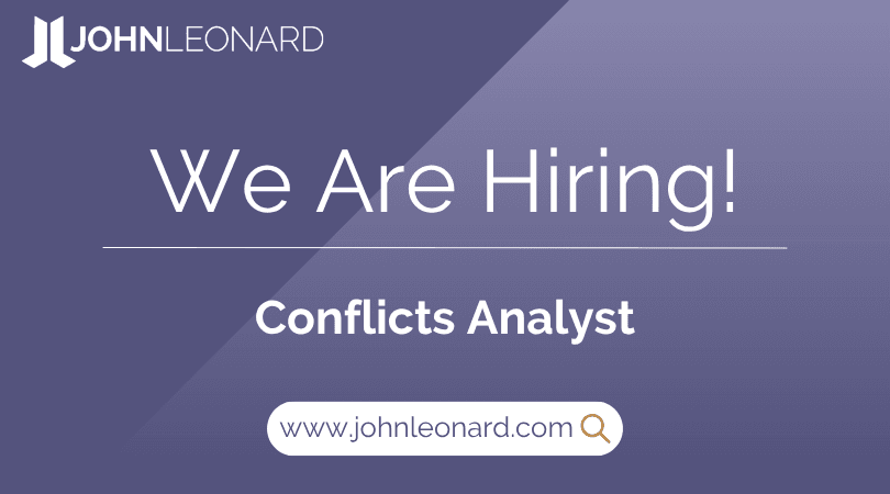 JOHNLEONARD hiring announcement graphic for a Conflicts Analyst with company logo and website link.