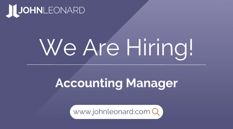 JOHNLEONARD hiring announcement graphic for an Accounting Manager with company logo and website link.