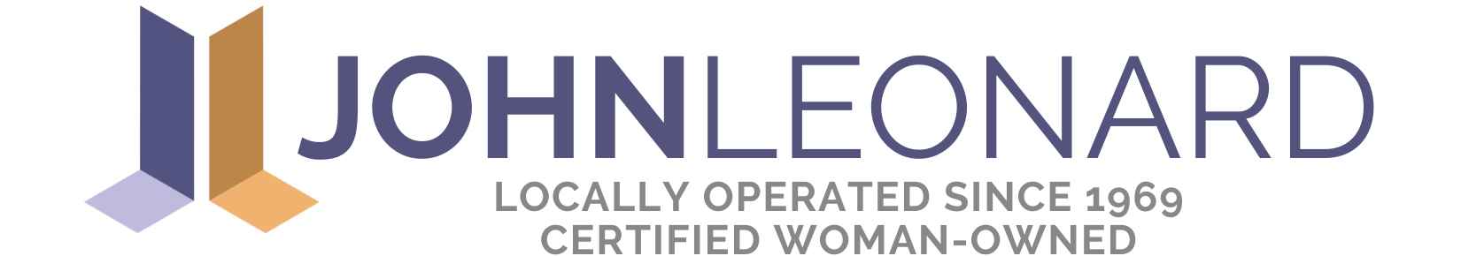JOHNLEONARD Logo_High Res (1) JOHNLEONAR logo which includes a purple an gold JL next to JOHNLEONARD and underneath Locally Operated Since 1969<br />
Certified Woman-Owned