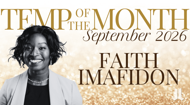 September 2026 Temp of the Month graphic featuring a portrait of Faith Imafidon with the text “Temp of the Month” and “Faith Imafidon.”